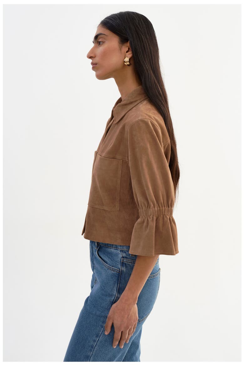 Carolina S | Suede Ruffle Sleeve Jacket, Alternate, color, Latte