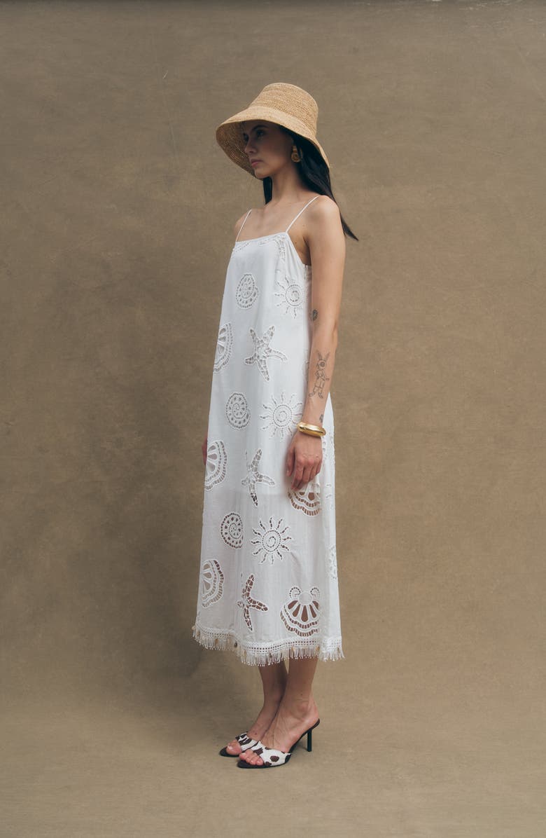 MAUDE CLUB Ciel Cotton Eyelet Fringe Trim Midi Dress, Alternate, color, White