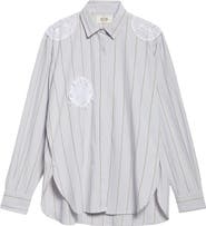 KÚR Doily Detail Stripe Cotton Button-Up Shirt