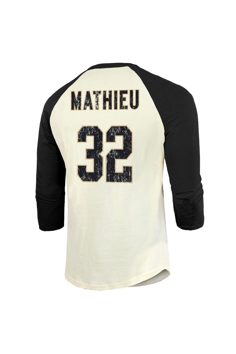 Men's Majestic Threads Tyrann Mathieu Cream/Black New Orleans Saints Name & Number Raglan 3/4 Sleeve T-Shirt, Alternate, color, Cream
