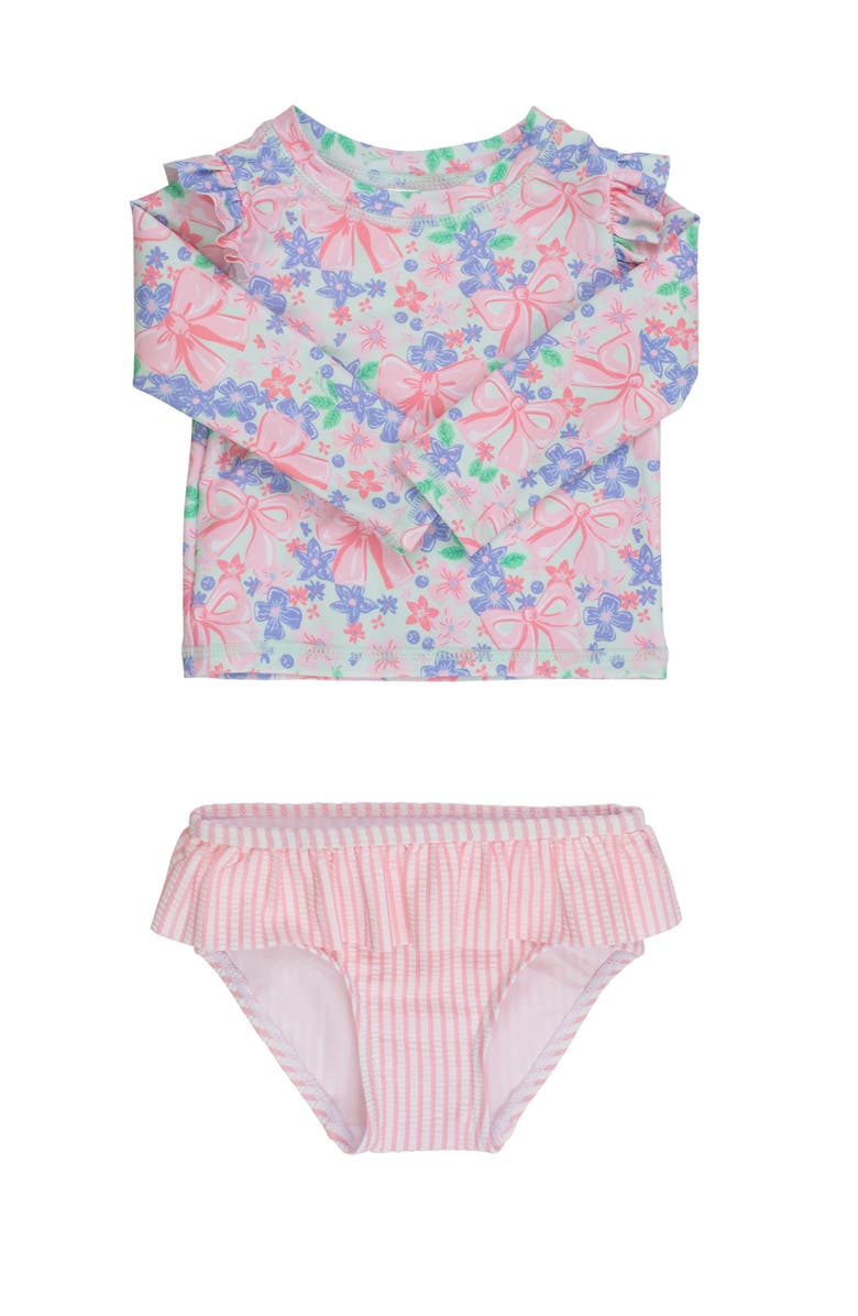 RuffleButts UPF50 Sun Protected Skirted Flutter Long Sleeve Rash Guard Bikini, Main, color, Bow Blooms