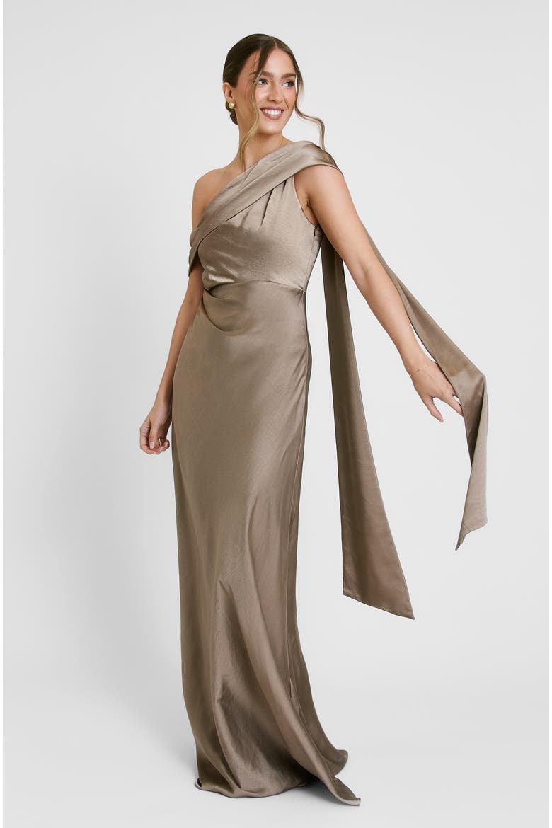 Drape One Shoulder Bridesmaid Dress, Alternate, color, Truffle