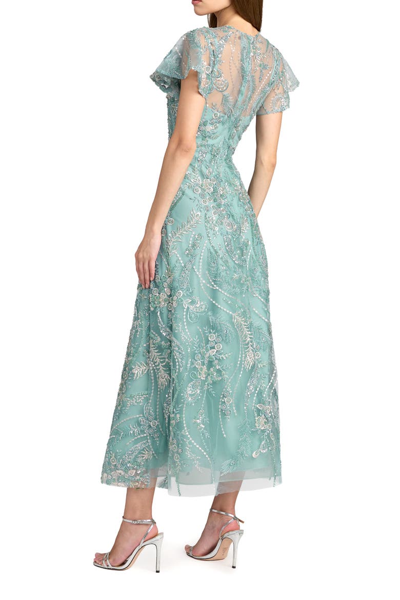 Floral Embroidered Mesh Flutter Sleeve Ankle Dress, Alternate, color, Seafoam