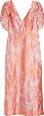 Erdem Floral Print Crushed Metallic Satin Gown