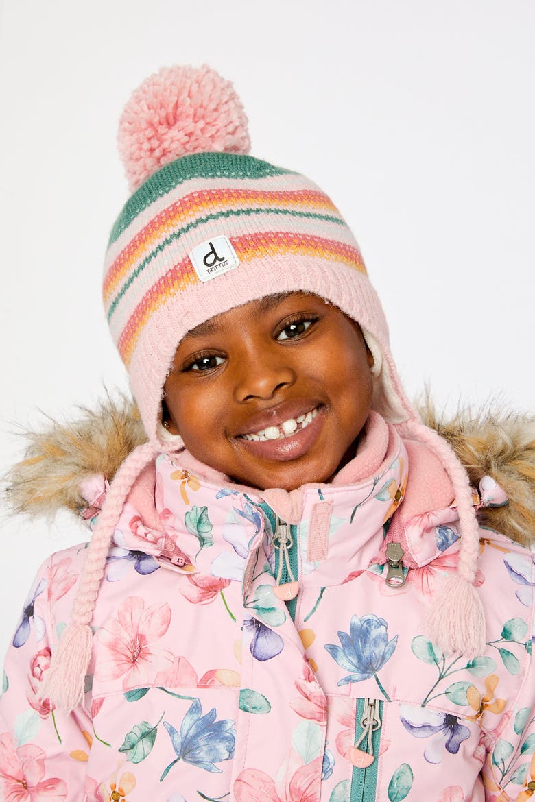 Peruvian Jacquard Fleece-Lined Earflap Knit Hat with Pompom, Alternate, color, Pink and Green Jacquard
