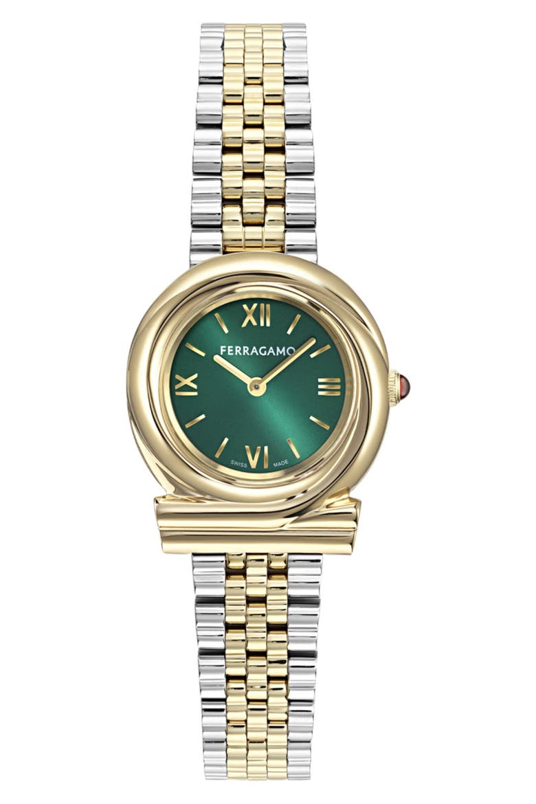 Gancini Twisted Bracelet Watch, 28mm, Main, color, GREEN/ TWO TONE