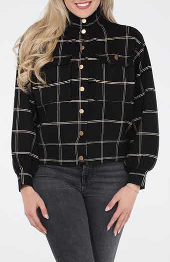 RAIN AND ROSE Windowpane Mock Neck Snap Jacket