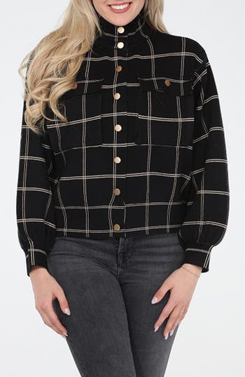 Rain And Rose Windowpane Mock Neck Snap Jacket In Black
