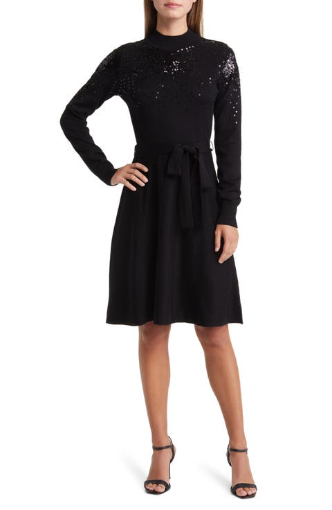 Sequin Belted Long Sleeve Sweater Dress