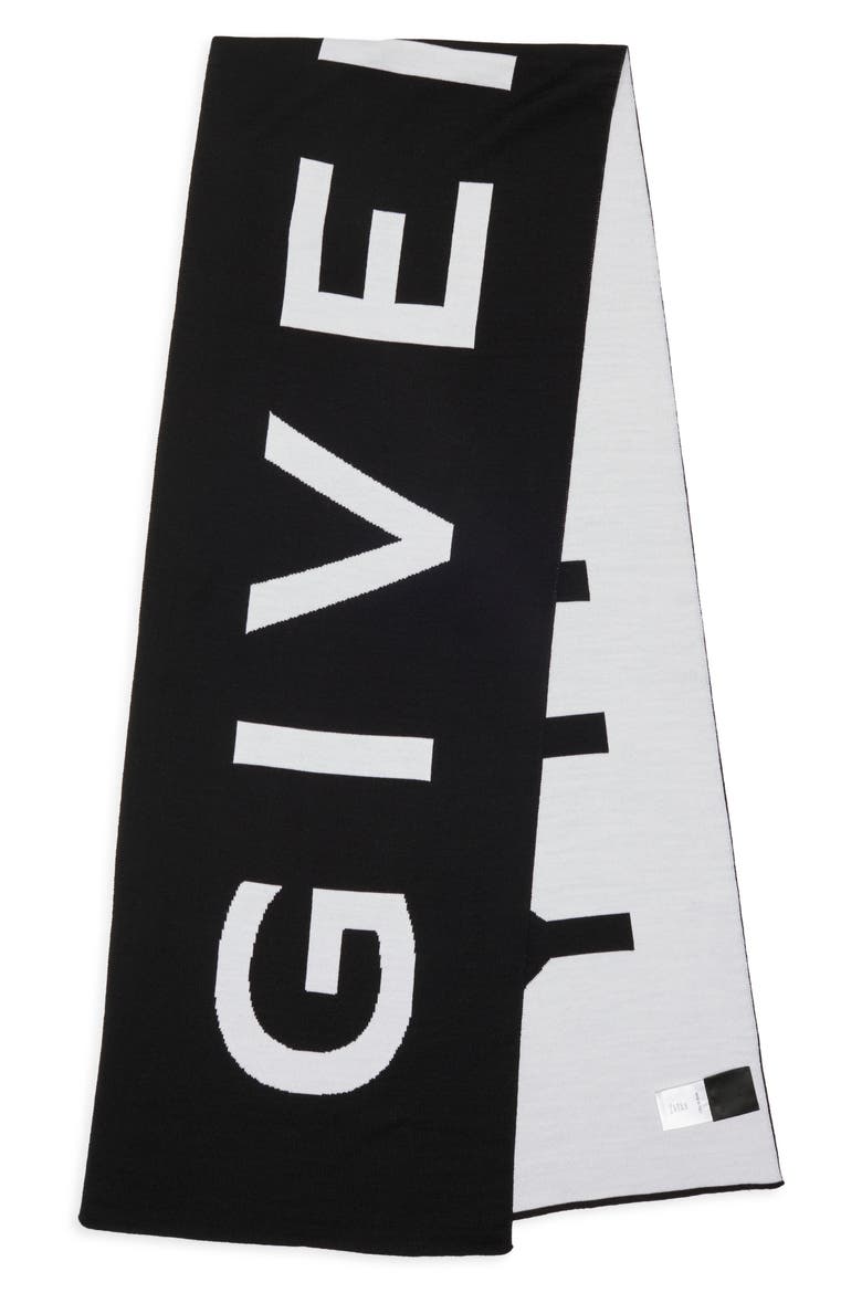 Intarsia Logo Wool Scarf, Alternate, color, BLACK WHITE