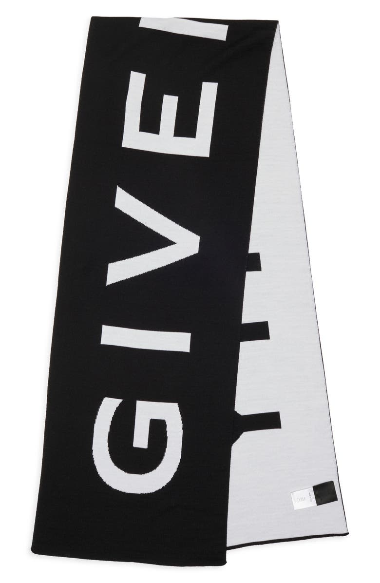Givenchy Intarsia Logo Wool Scarf, Alternate, color, Black White