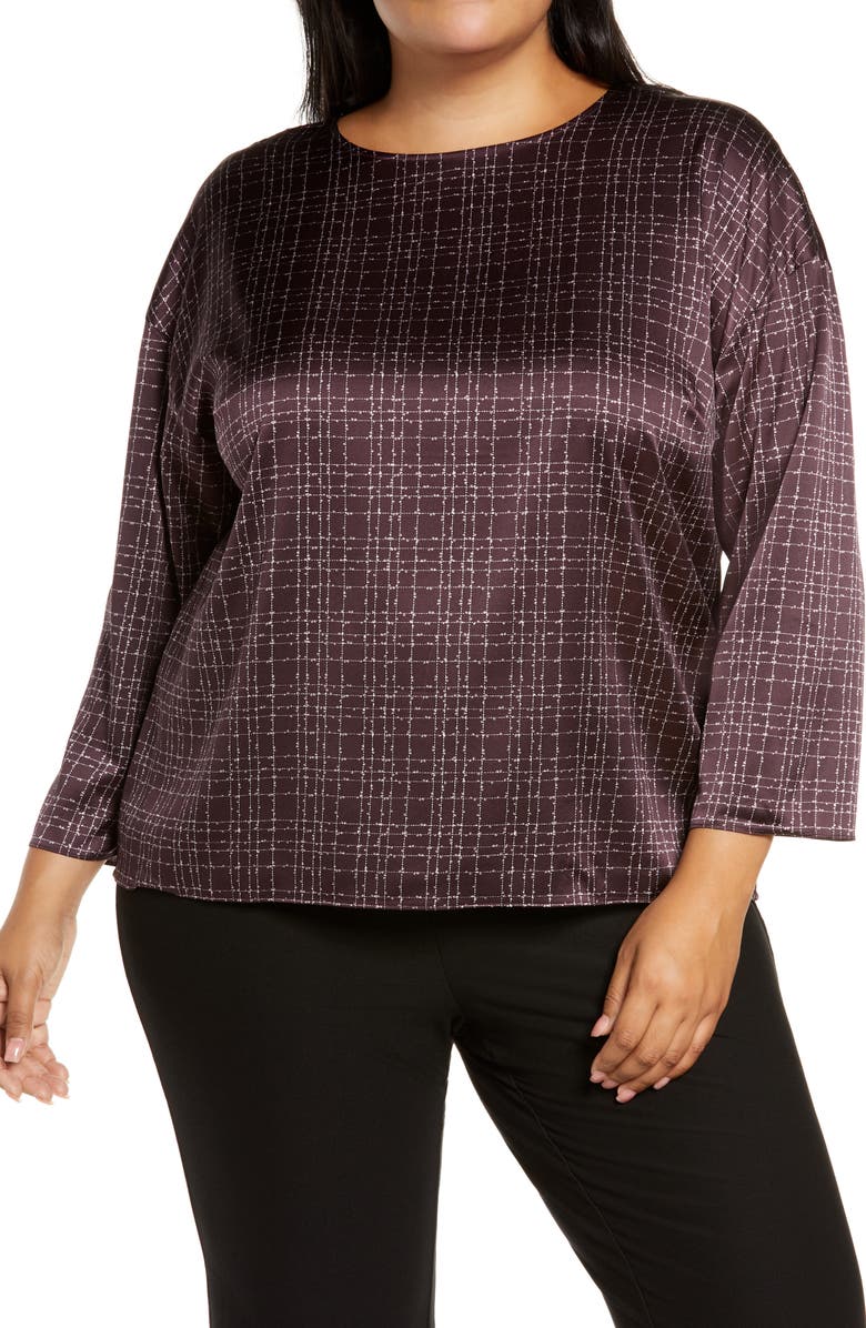 Eileen Fisher Nep Check Stretch Silk Top, Main, color,