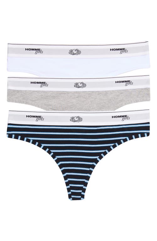 Hommegirls X Fruit Of The Loom Assorted 3-pack Thongs In Stripe/heather Grey/white