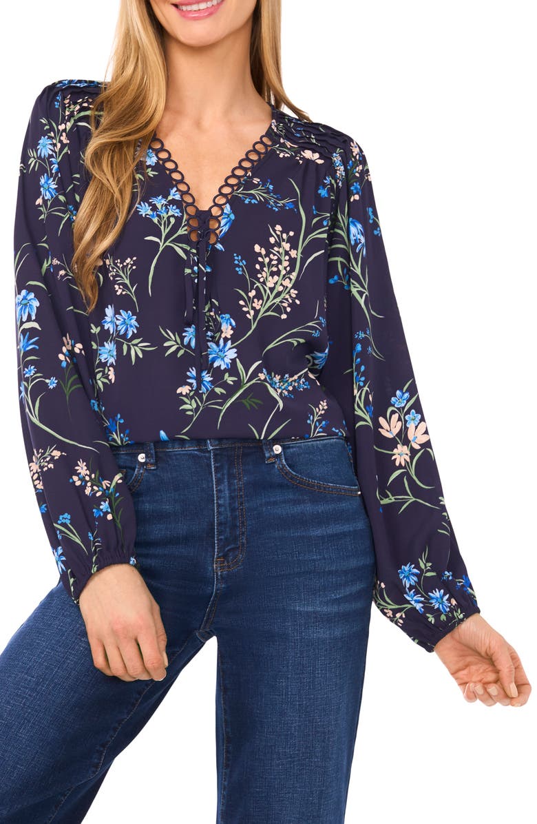 CeCe Floral Print Pintuck Top, Main, color, Classic Navy