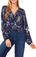 CeCe Floral Print Pintuck Top
