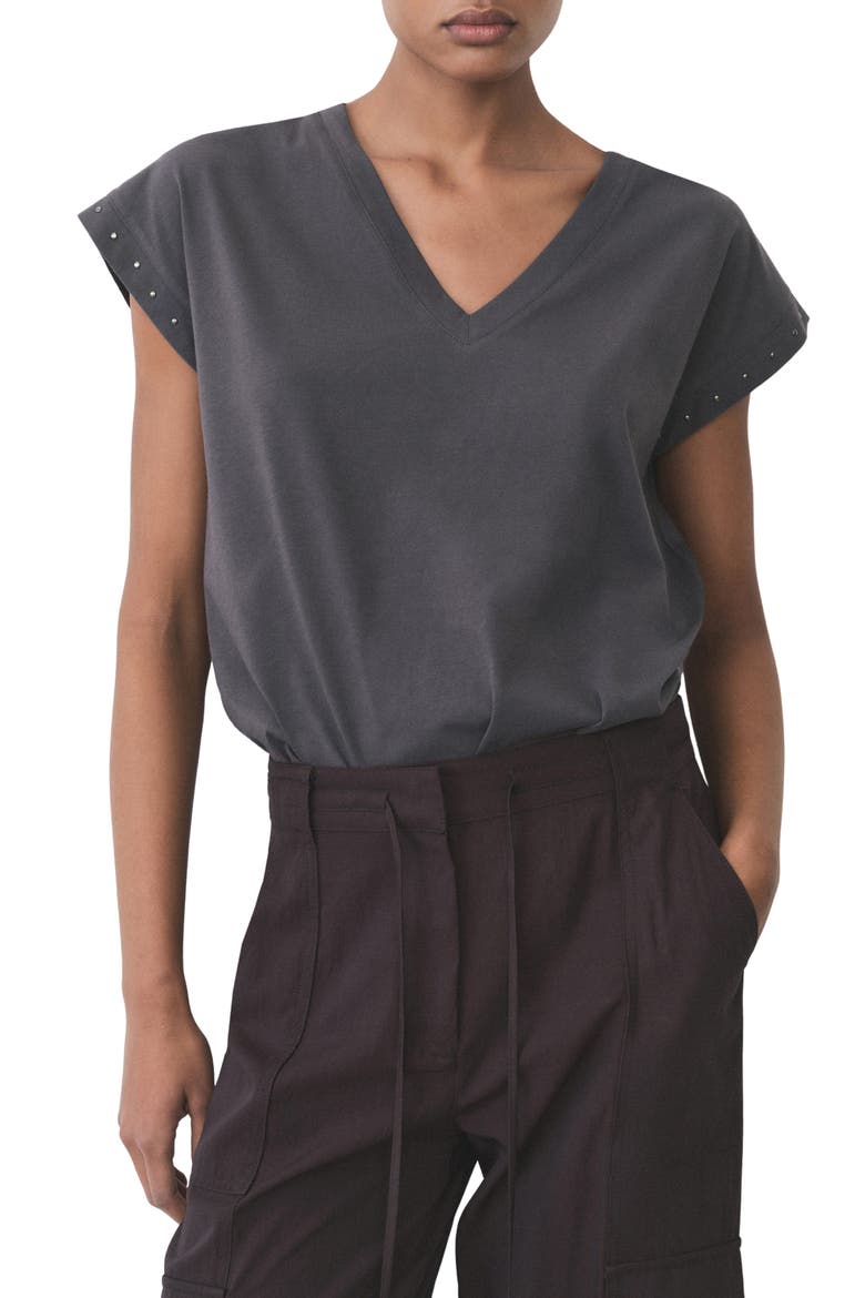 Stud Accent Cotton V-Neck T-Shirt, Main, color, CHARCOAL