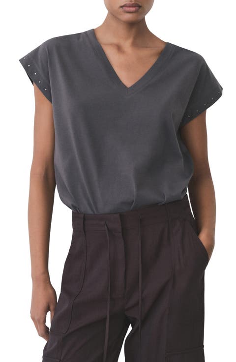 Stud Accent Cotton V-Neck T-Shirt