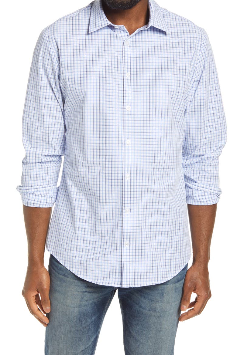 Leeward Trim Fit Tattersall Button-Up Performance Shirt, Main, color, NAVY BLUE TATTERSAL