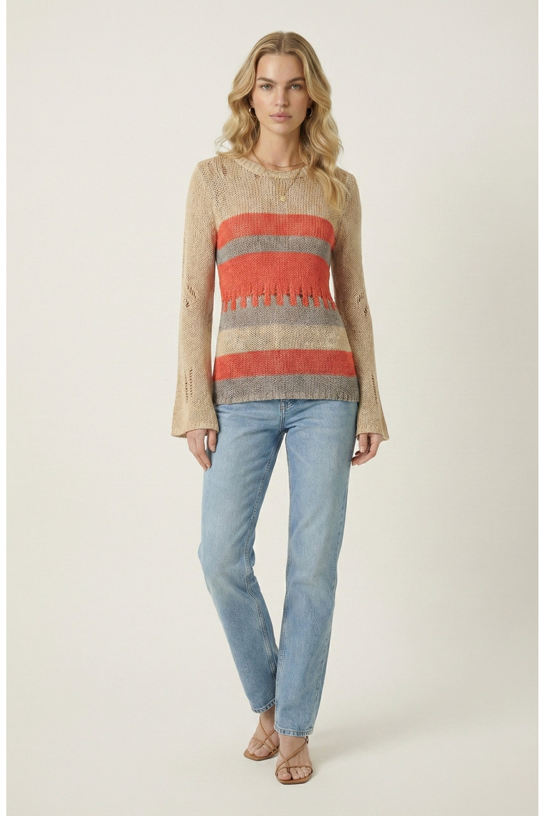 Distressed Stripe Knit Sweater, Alternate, color, Beige