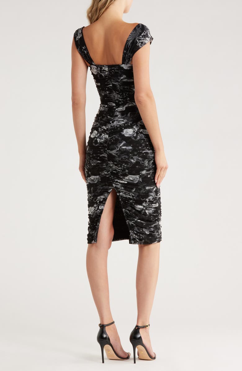 L'AGENCE Winslow Ruched Mesh Midi Dress, Alternate, color, Black Multi Zodiac