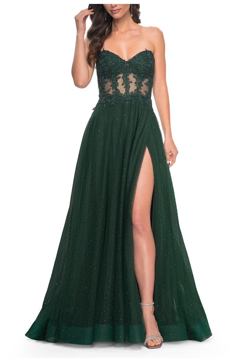 La Femme A-Line Tulle Ballgown with Lace Illusion Bodice, Main, color, Dark Emerald