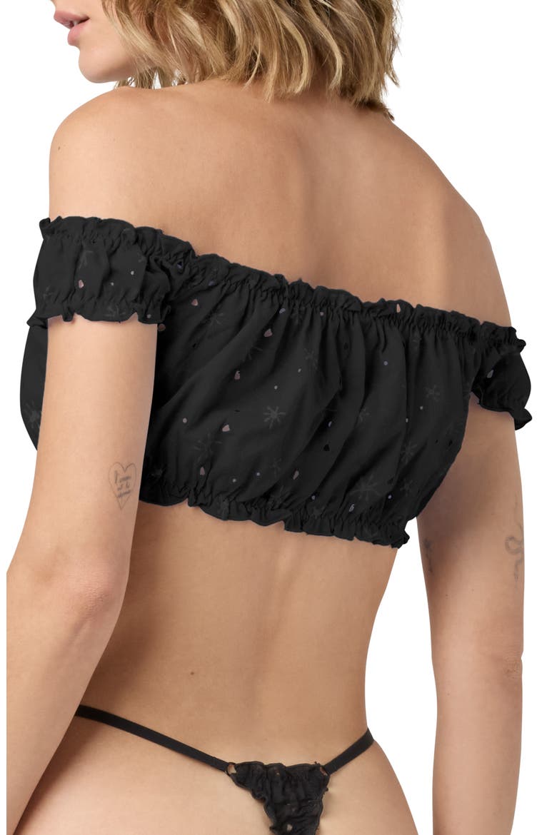 Embroidered Eyelet Off the Shoulder Crop Top, Alternate, color, BLACK