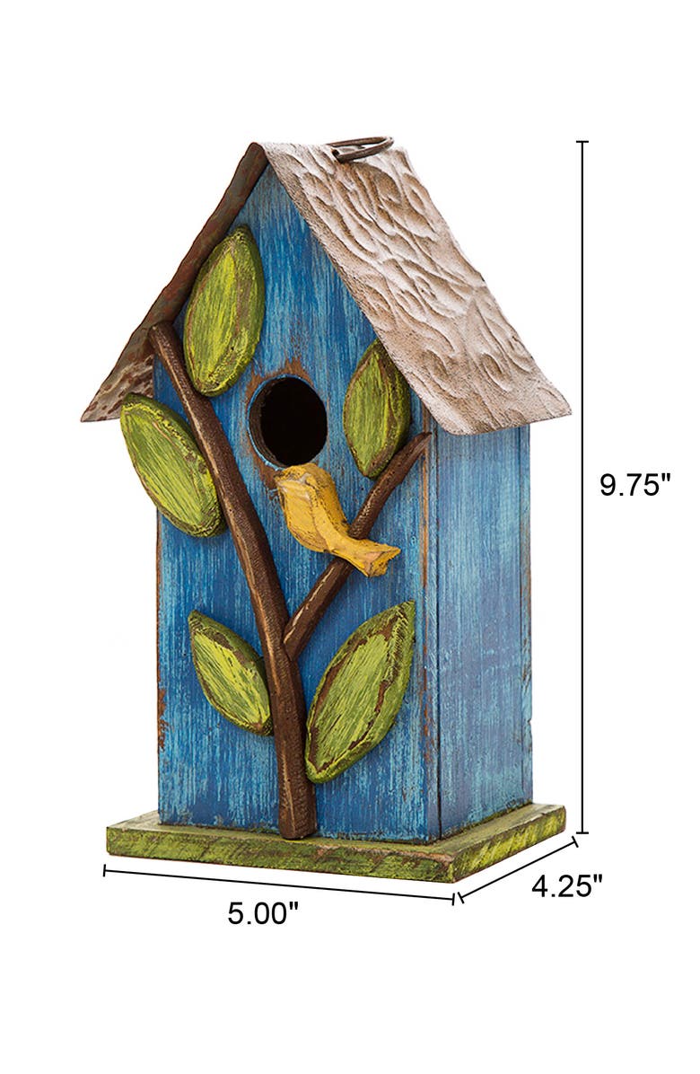 Glitzhome 10"H Multicolor Cute Distressed Solid Wood Birdhouse with 3D Flowers, Alternate, color, Blue
