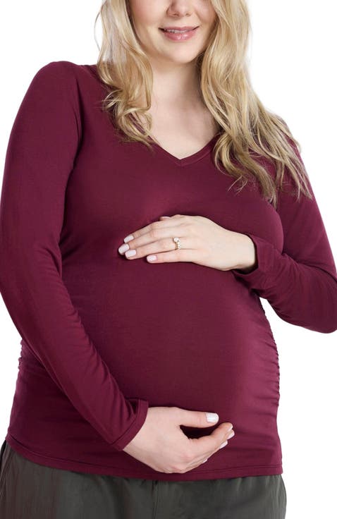 V-Neck Side-Ruched Maternity Long Sleeve Tee