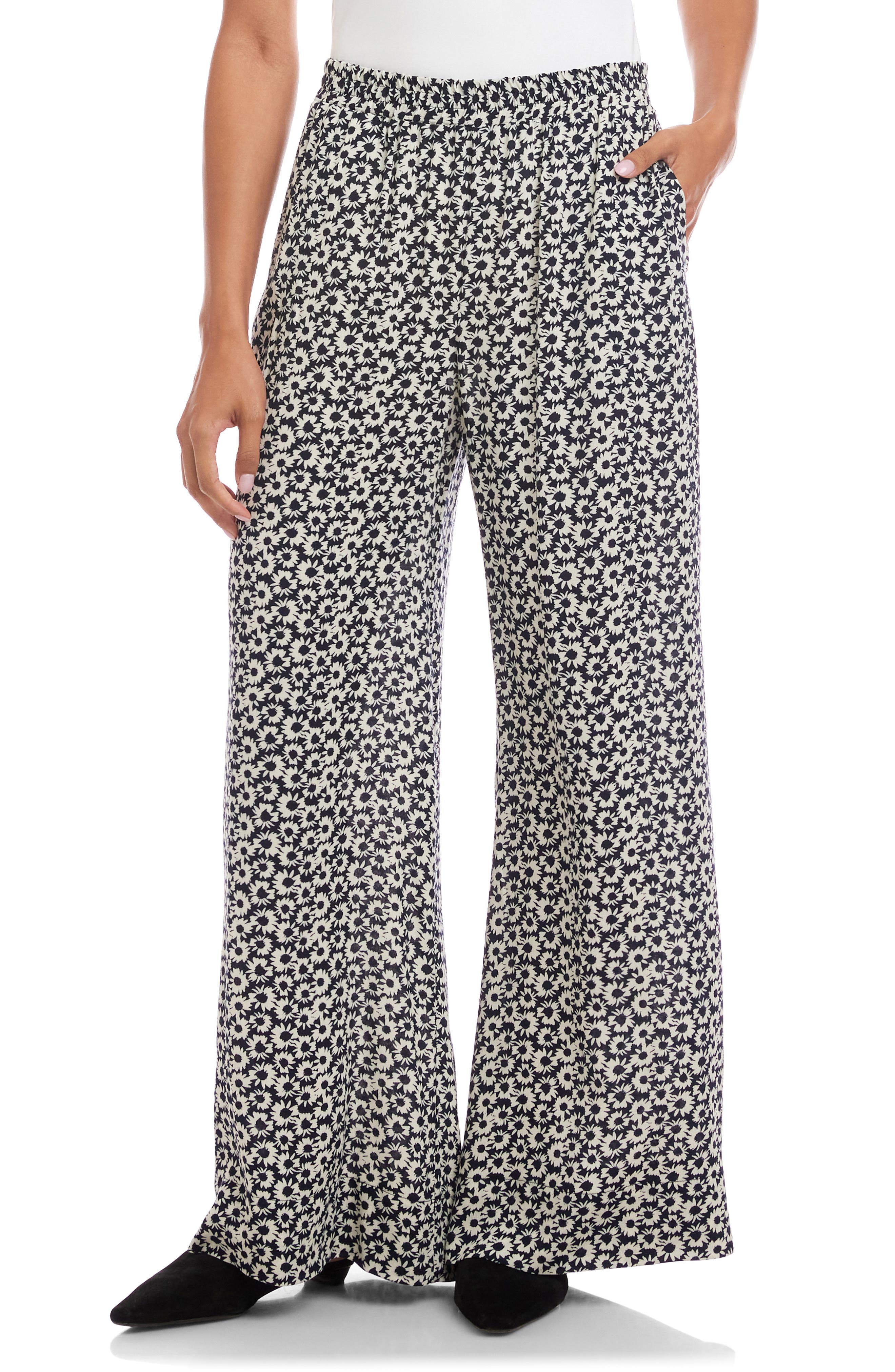 Daisy Print High Waist Wide Leg Crepe Pull-On Pants
