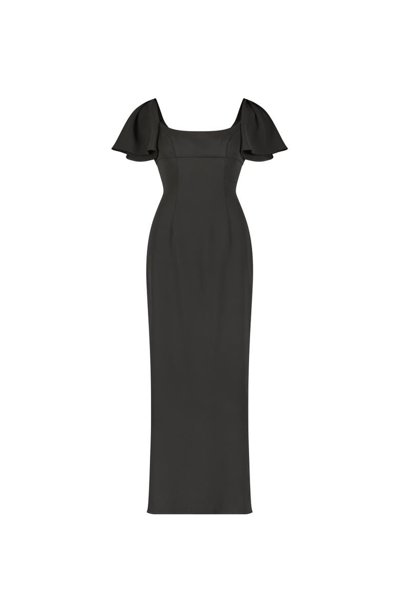 Mac Duggal Crepe Fitted Gown With Short Ruffle Sleeves, Alternate, color, Navy