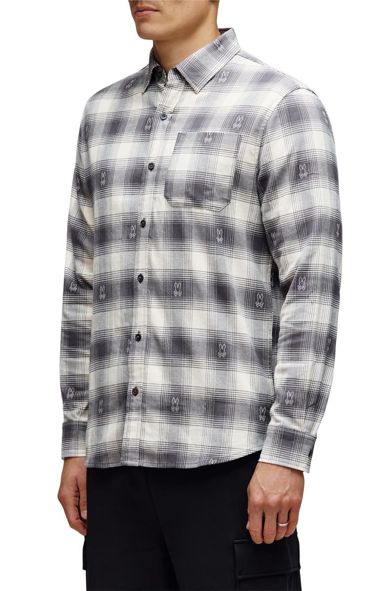 Psycho Bunny Kurt Plaid Stretch Flannel Button-Up Shirt, Alternate, color, Blackened Pearl