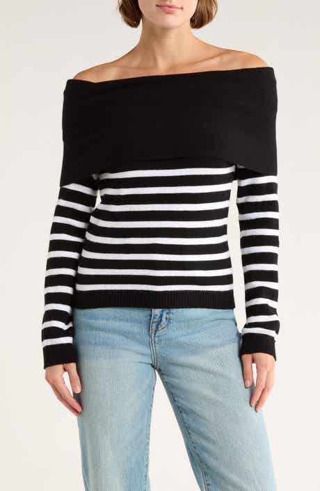 Vigoss Stripe Off the Shoulder Long Sleeve Sweater