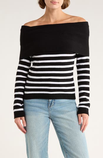 Vigoss Stripe Off The Shoulder Long Sleeve Sweater In Black