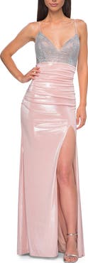 La Femme Metallic Jersey Ruched Prom Dress with Rhinestone Bodice