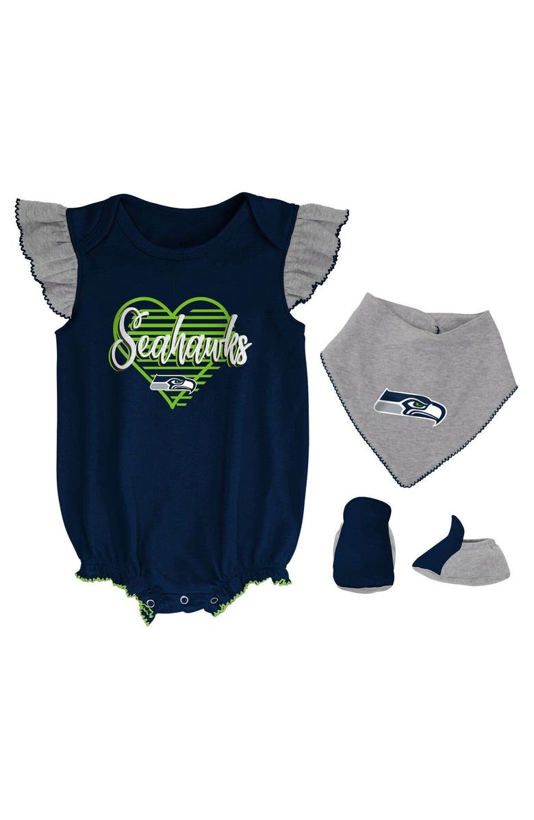 Outerstuff Girls Newborn & Infant College Navy/Heathered Gray Seattle Seahawks All The Love Bodysuit Bib & Booties Set, Main, color, Navy