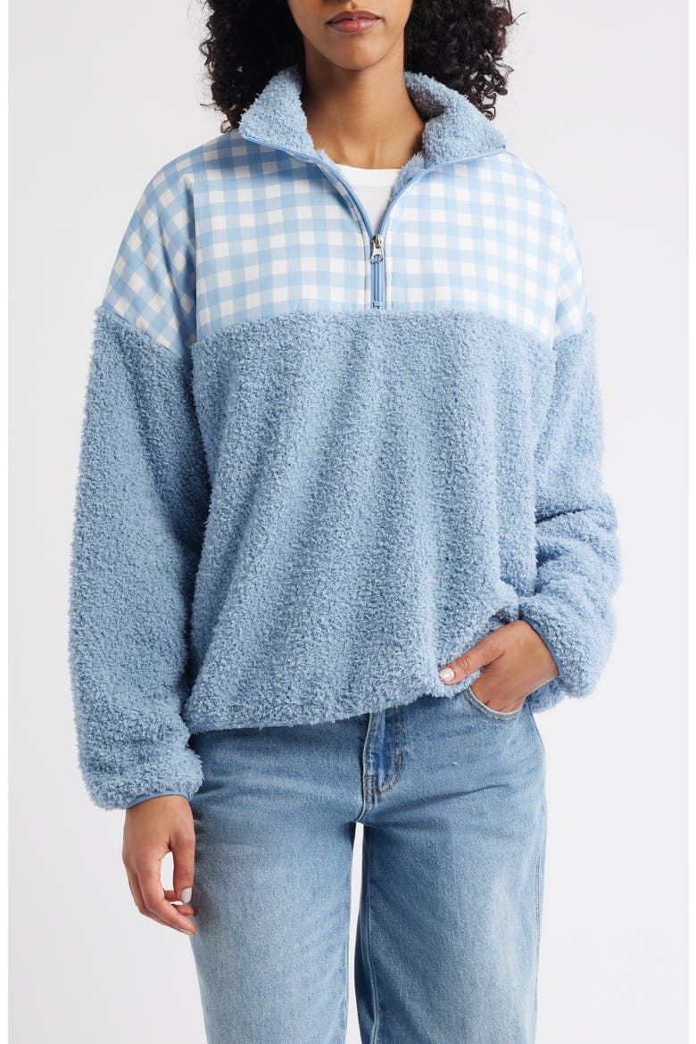 Gingham Aria Colorblock Quarter Zip Pullover, Main, color, SKY BLUE