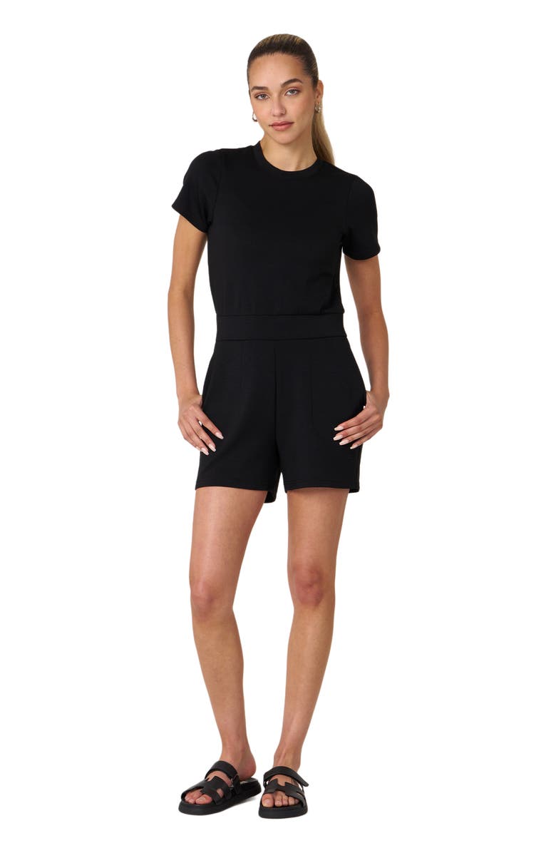 Rebody Active That's a Wrap Scuba Knit Romper, Alternate, color, Black