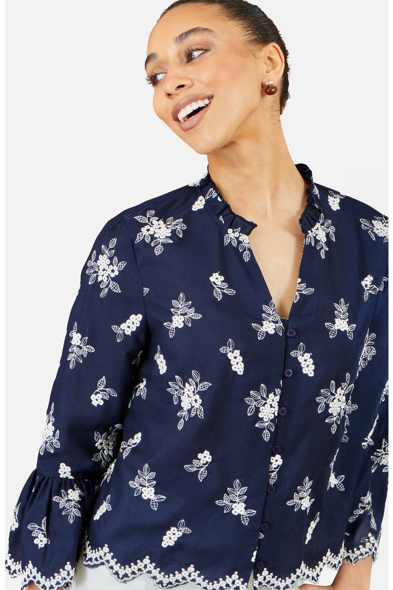 Fluted Sleeves V-Neck Shirt, Alternate, color, Navy