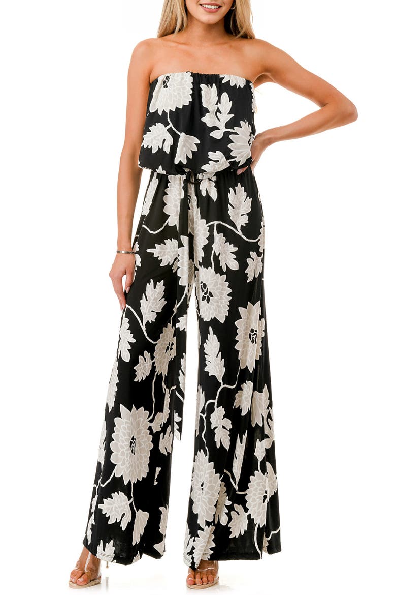 Printed Strapless Wide Leg Jumpsuit, Main, color, BLACK/ WHITE