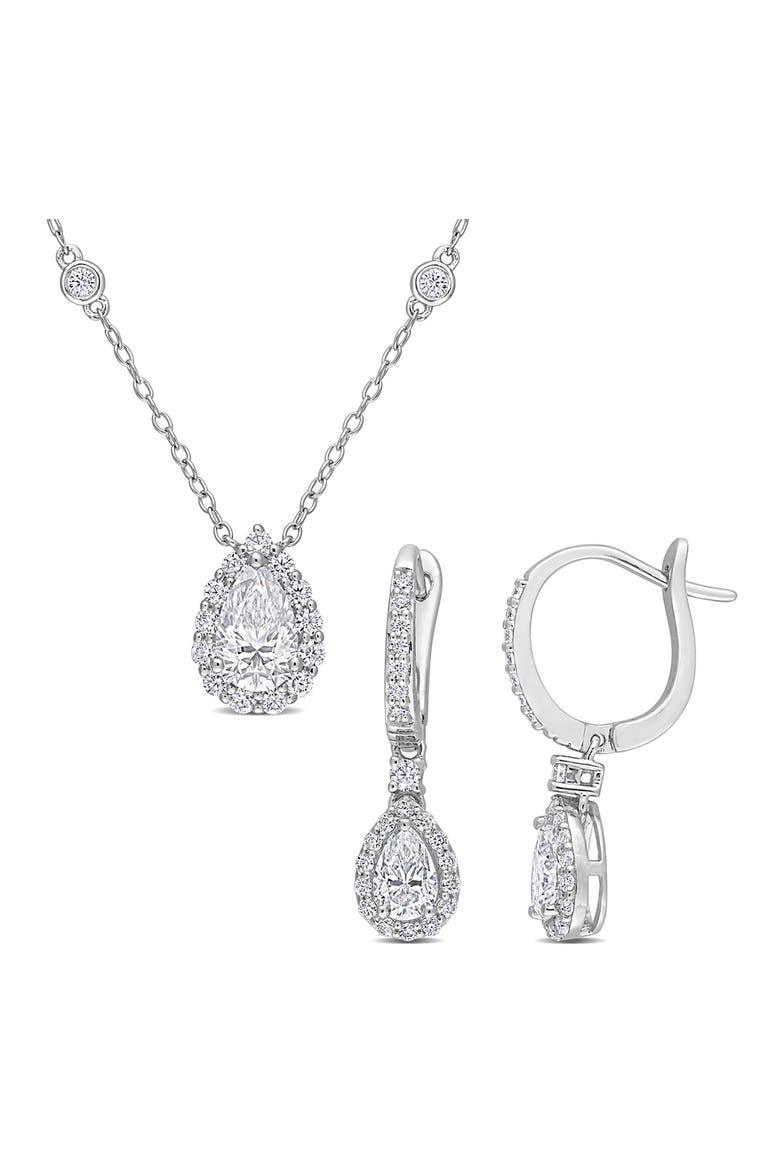 Lab Grown Moissanite Pendant Necklace & Drop Earrings Set, Main, color, SILVER