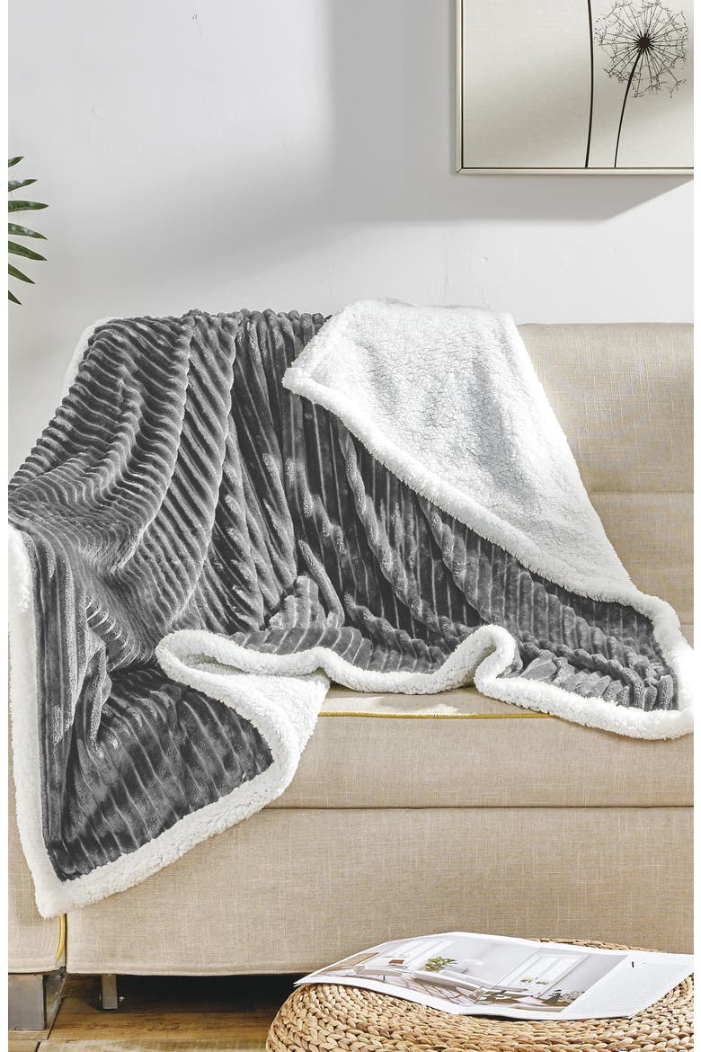 Corduroy Faux Shearling Throw Blanket, Main, color, GREY
