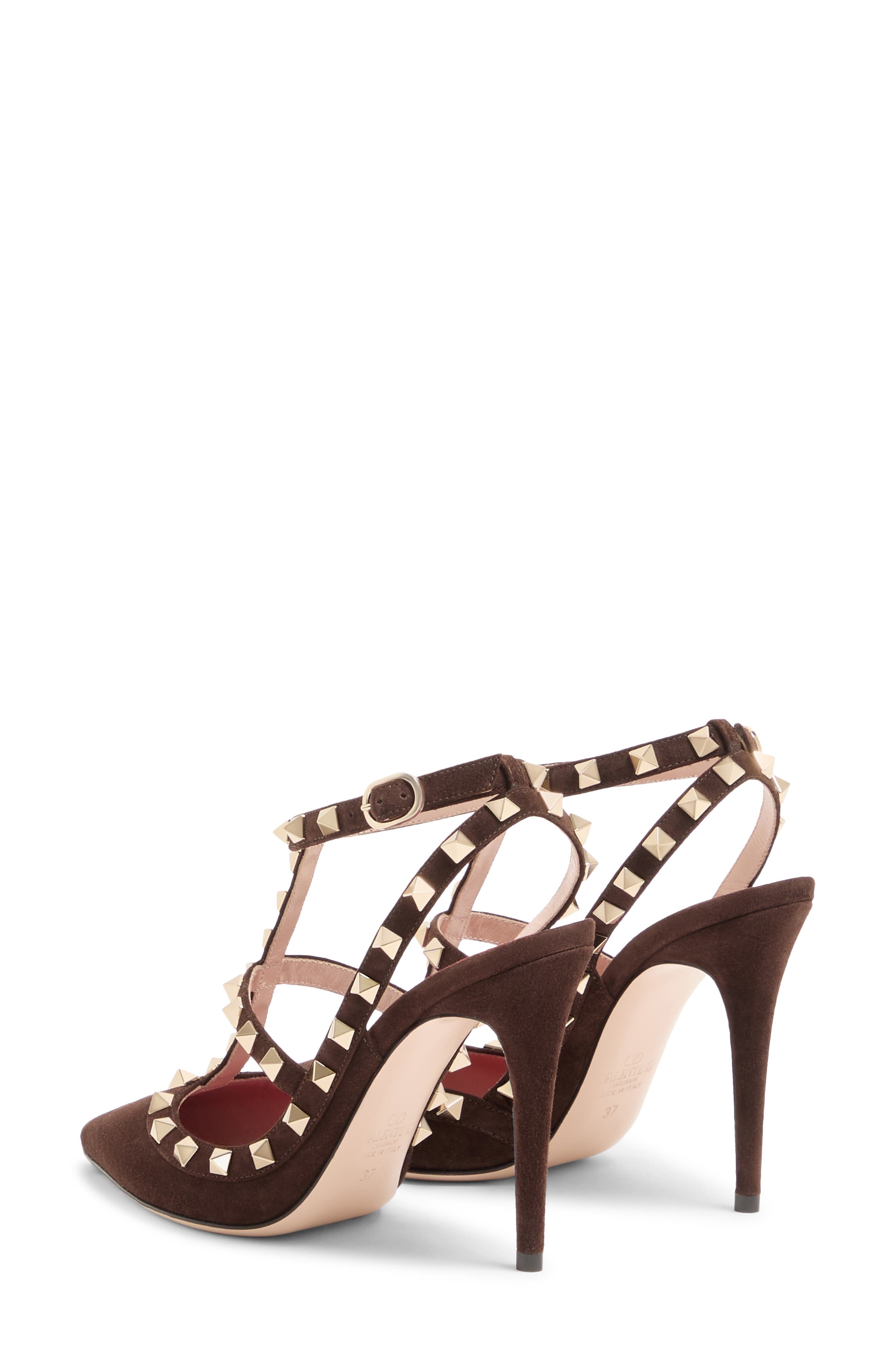 Valentino Rockstud Pointed Toe Ankle Strap Pump, Alternate, color, Brown