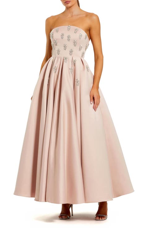 Crystal Embellished Strapless Satin A-Line Dress