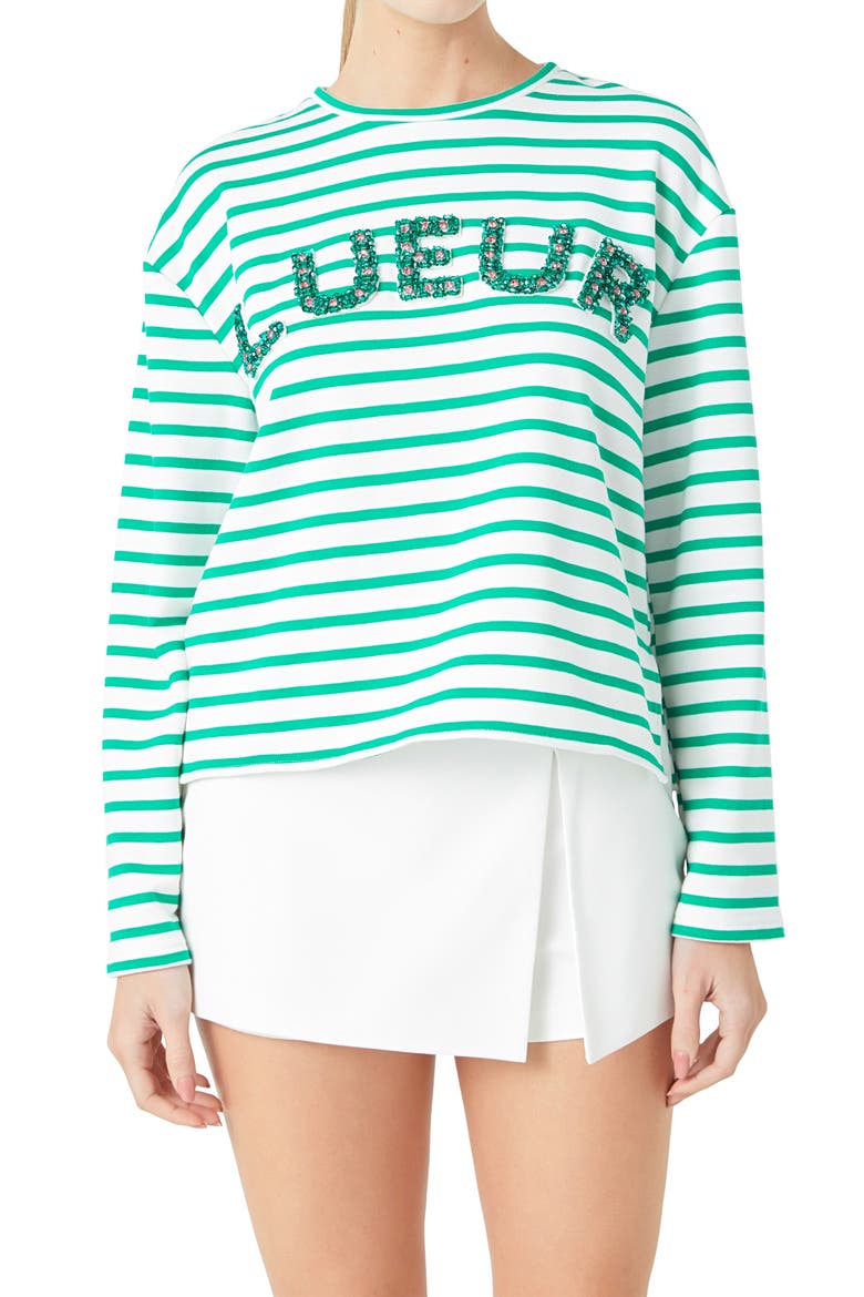 Lueur Stripe Long Sleeve Knit Top, Alternate, color, WHITE/ GREEN