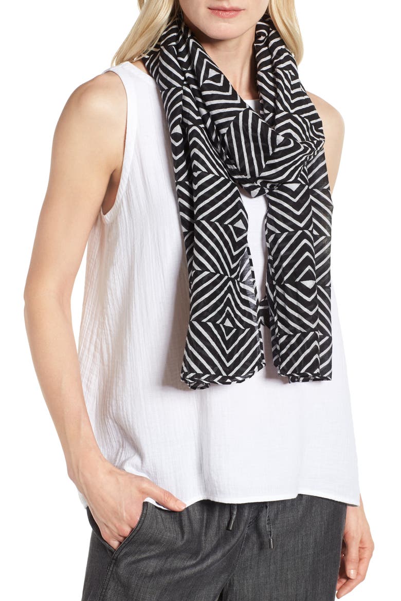 Geo Print Organic Cotton Blend Scarf, Main, color, BLACK
