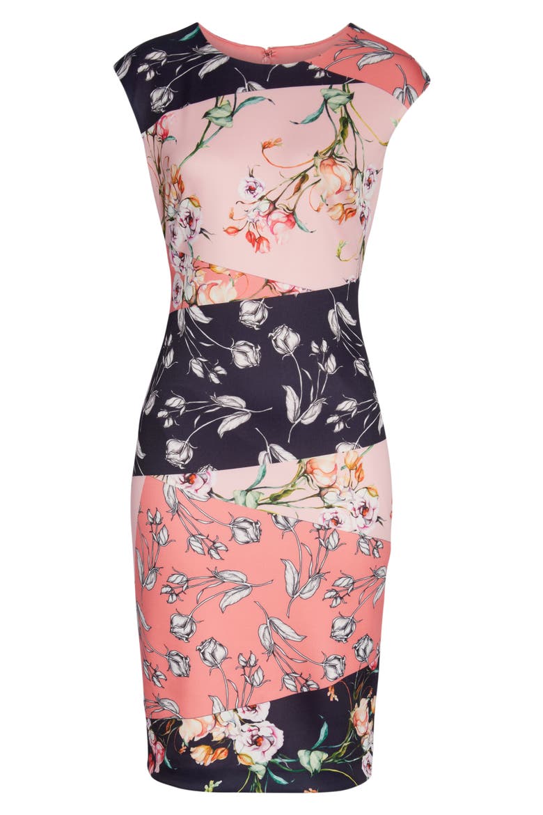 Floral Print Scuba Crepe Sheath Dress, Alternate, color, PINK MULTI
