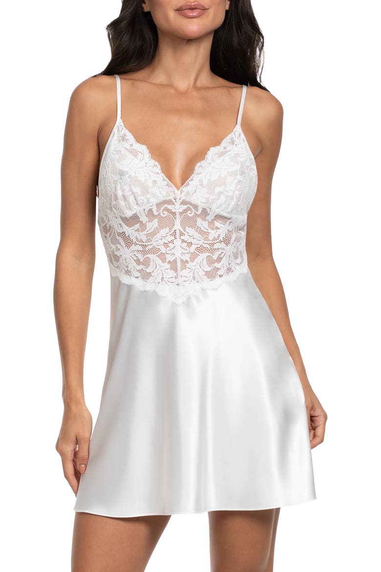 Lorena Lace Trim Satin Chemise, Main, color, IVORY