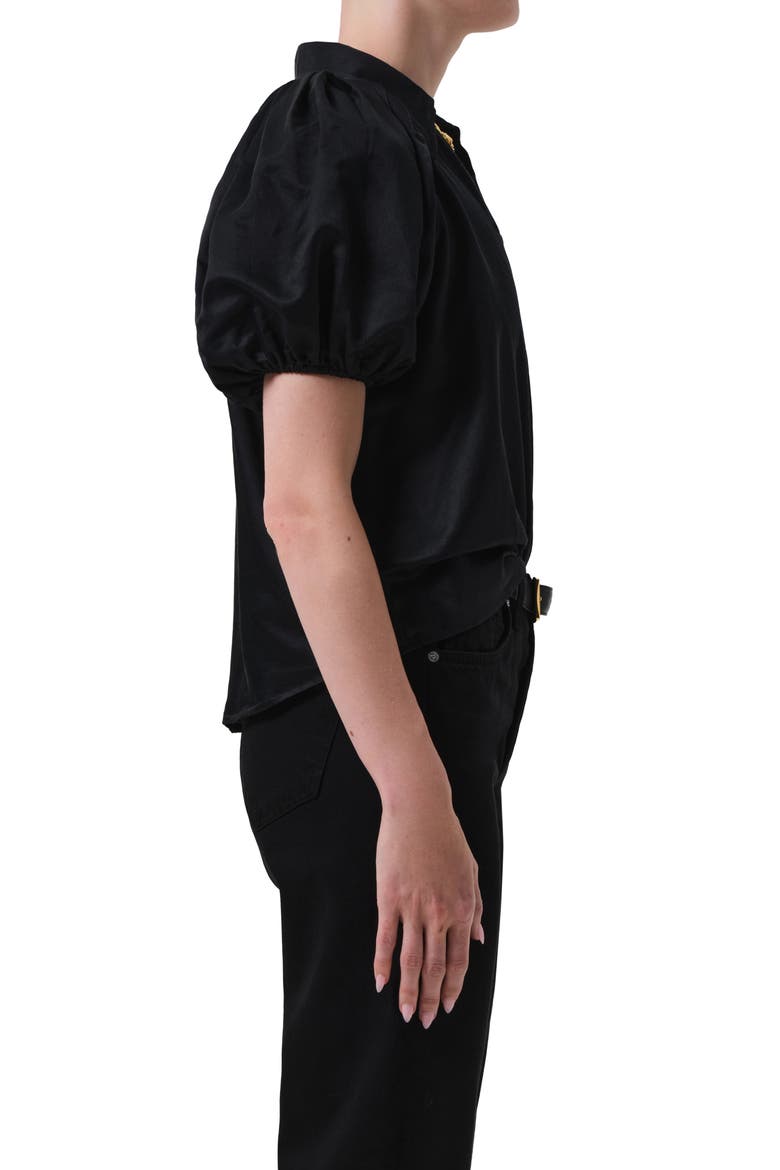 Leila Puff Sleeve Cotton & Silk Button-Up Shirt, Alternate, color, BLACK