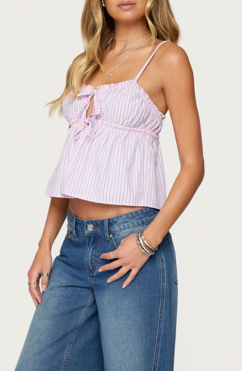 EDIKTED Avenley Stripe Tie Front Babydoll Camisole, Alternate, color, Pink