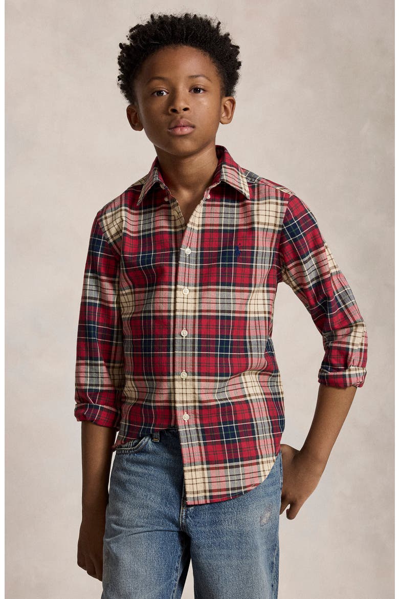 Kids' Plaid Cotton Oxford Shirt, Alternate, color, RED NAVY MULTI